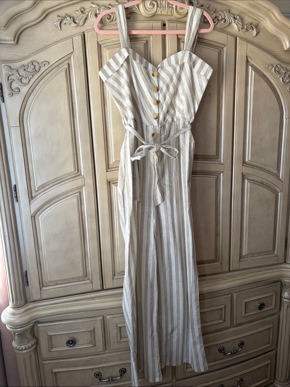 Sleeveless Beige & White Striped Wide-Leg Jumpsuit